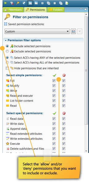 Panel with filters for NTFS permissions