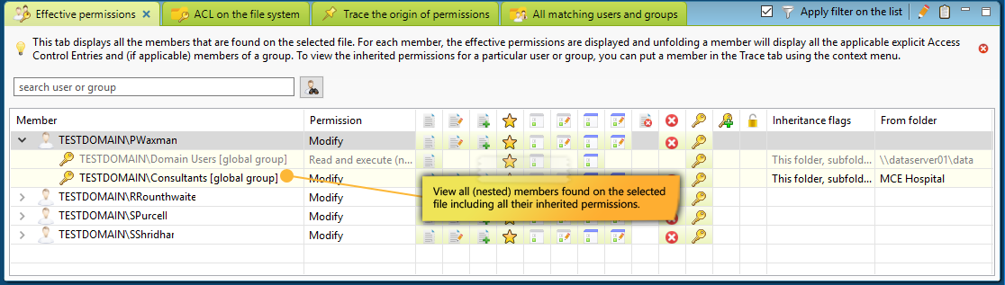 Effective permissions tab to zoom in effective permissions per user or group